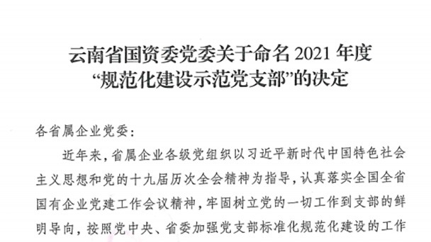热烈祝贺！云煤（云顶国际）集团所属2个党支部被定名为省国资委2021年度“规范化建设示范党支部”